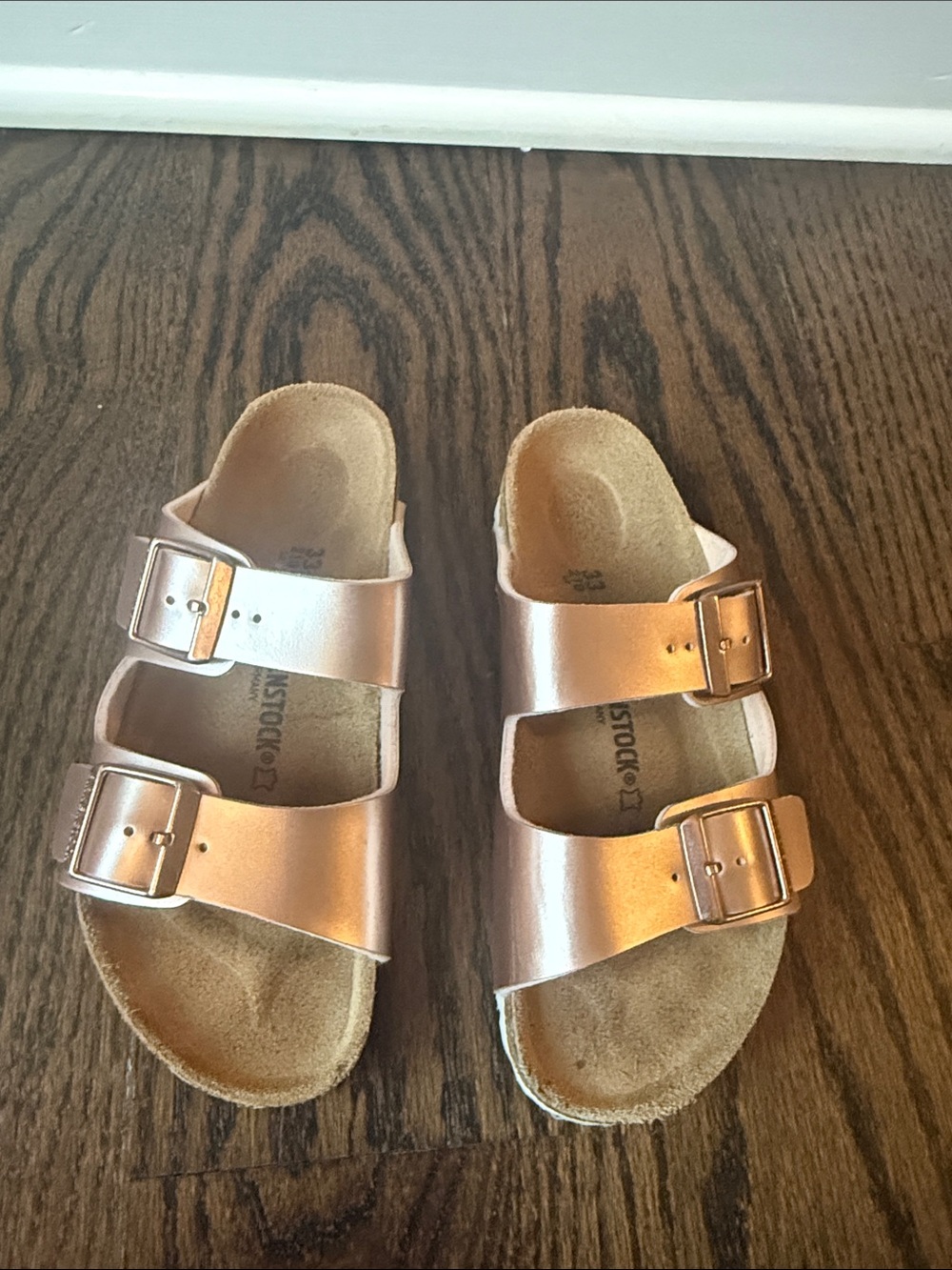Birkenstock Kids Metallic Rose Gold Two-Strap Sandals- size 33 (kids 2-2.5)